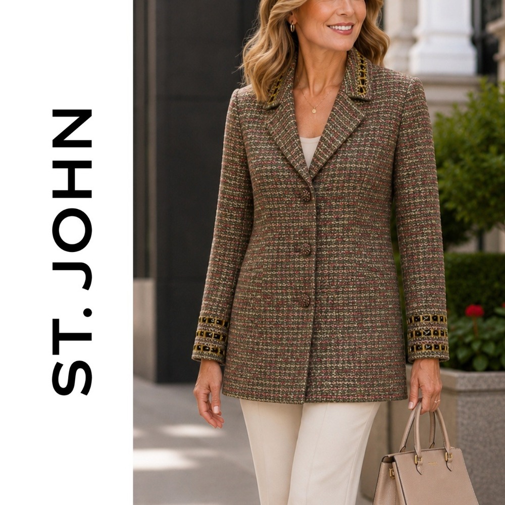 St. John Couture, Tweed Crocodile Textured Long Blazer Leather Trim Brown Size 8